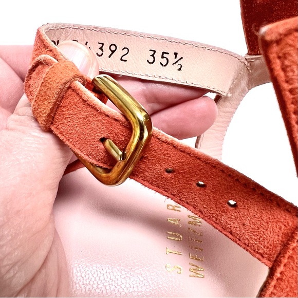 Stuart Weitzman Burnt Salmon Coral Suede Open Toe French Cuff Stiletto Heels - Picture 6 of 11